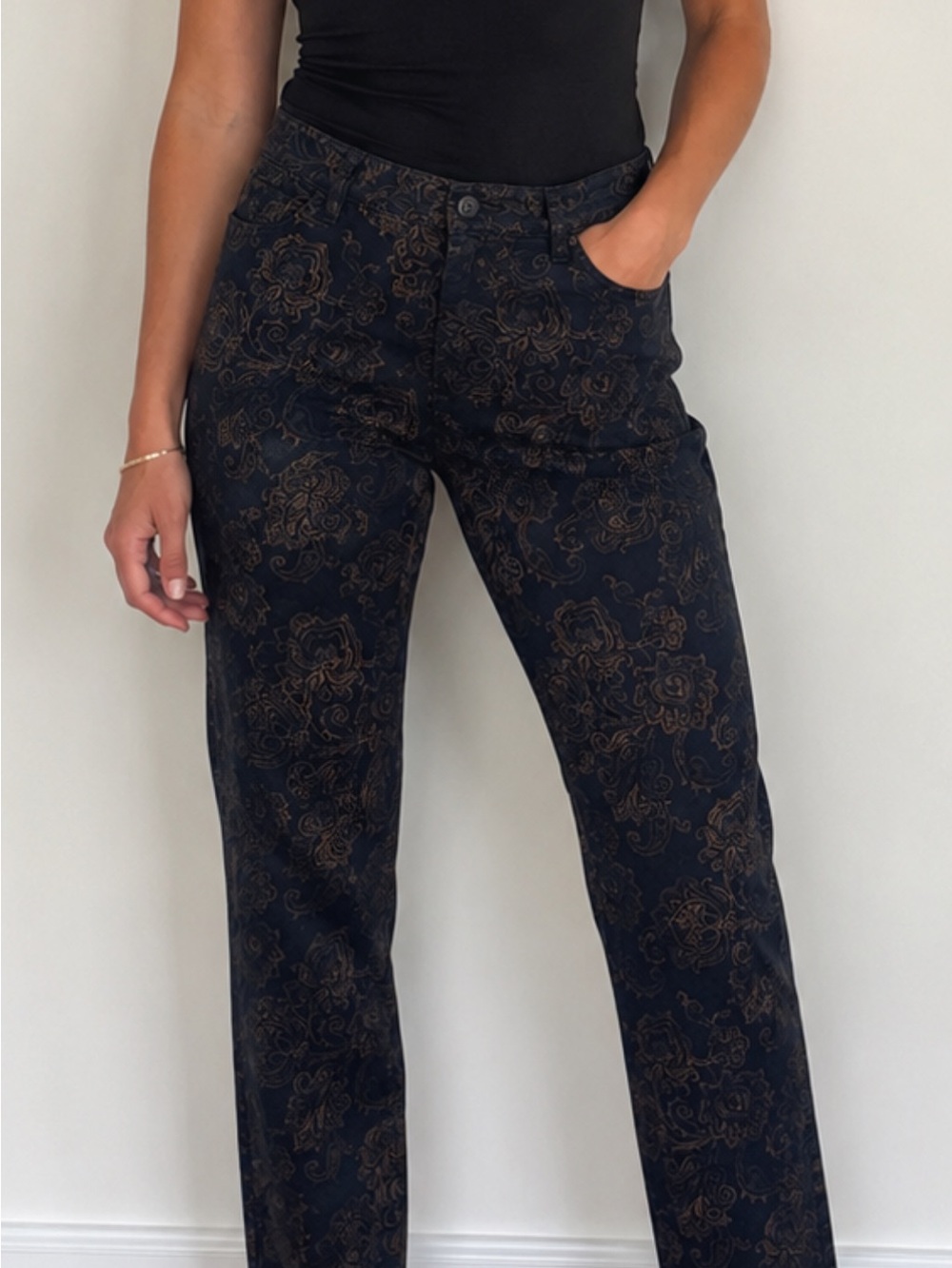 Lauren Ralph Lauren Navy Straight-Leg Pants with Brown Floral Jacquard